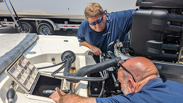 Yamaha-Boaters-LogVol13No30MidseasonMaintenanceimage5-(1).jpg New Yamaha outboards should be professionally serviced after the first 20 hours of operation and then again after 100 hours of operation or annually, which includes a water pump impeller replacement and a change of the NGK® spark plugs.