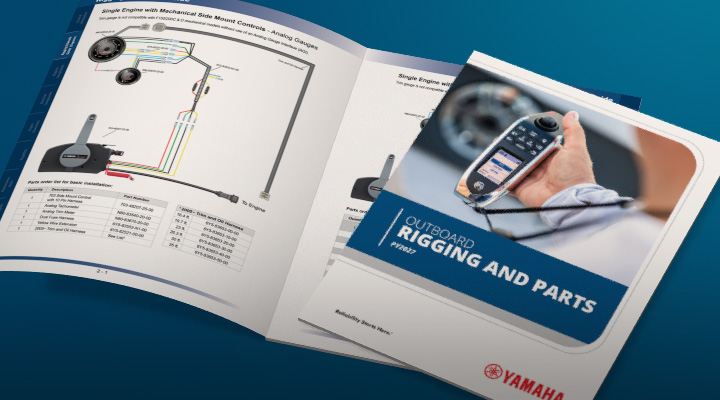 Yamaha Outboard Rigging and Parts catalog cover with a hand holding a digital gauge, next to an open spread showing wiring diagrams and parts list.